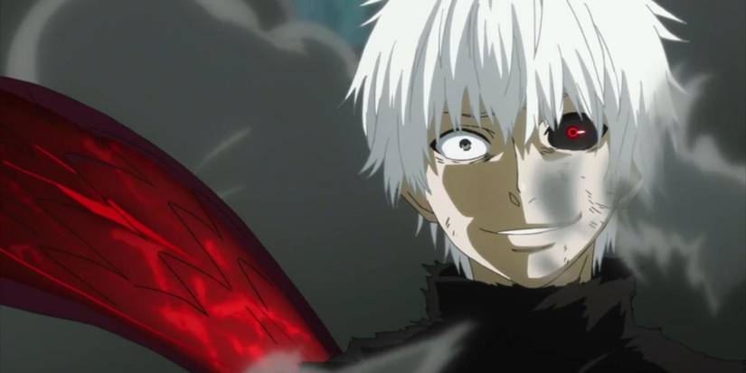 Ken Kaneki émerge du chaos avec un air fou sur le visage dans l'épisode 12 de la série animée Tokyo Ghoul.