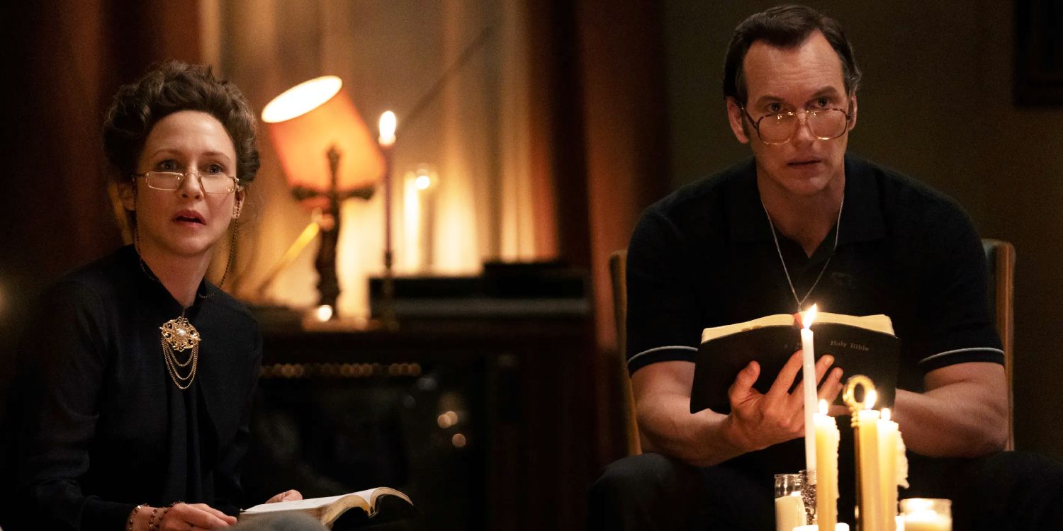Ed and Loraine Warren reading The Bible in The Conjuring: The Devil Made Me Do It