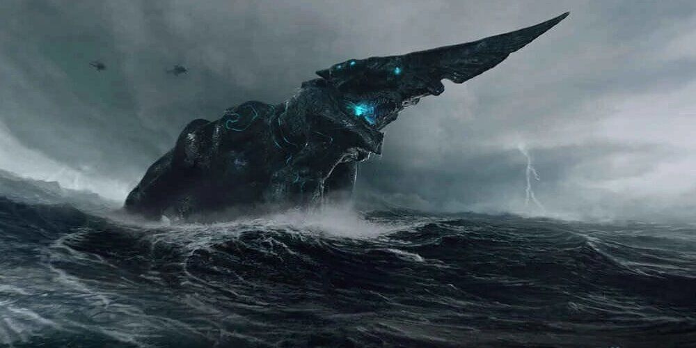 The Kaiju Knifehead bursting out of the ocean in Pacific Rim