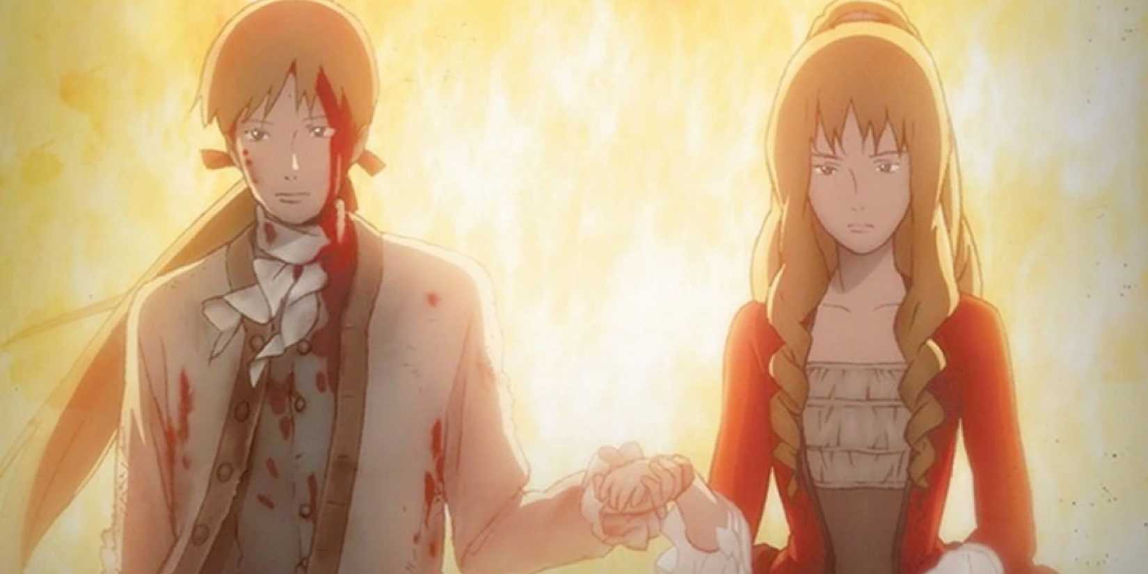 Lia and D’Eon walking through fire in Le Chevalier D’Eon