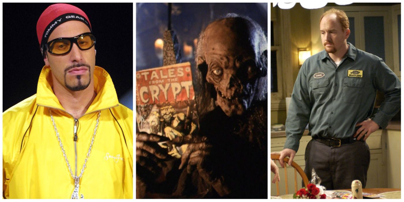 A split image of Da Ali G Show's Ali G, Tales From the Crypt's Cryptkeeper, and Lucky Louie's Louis CK