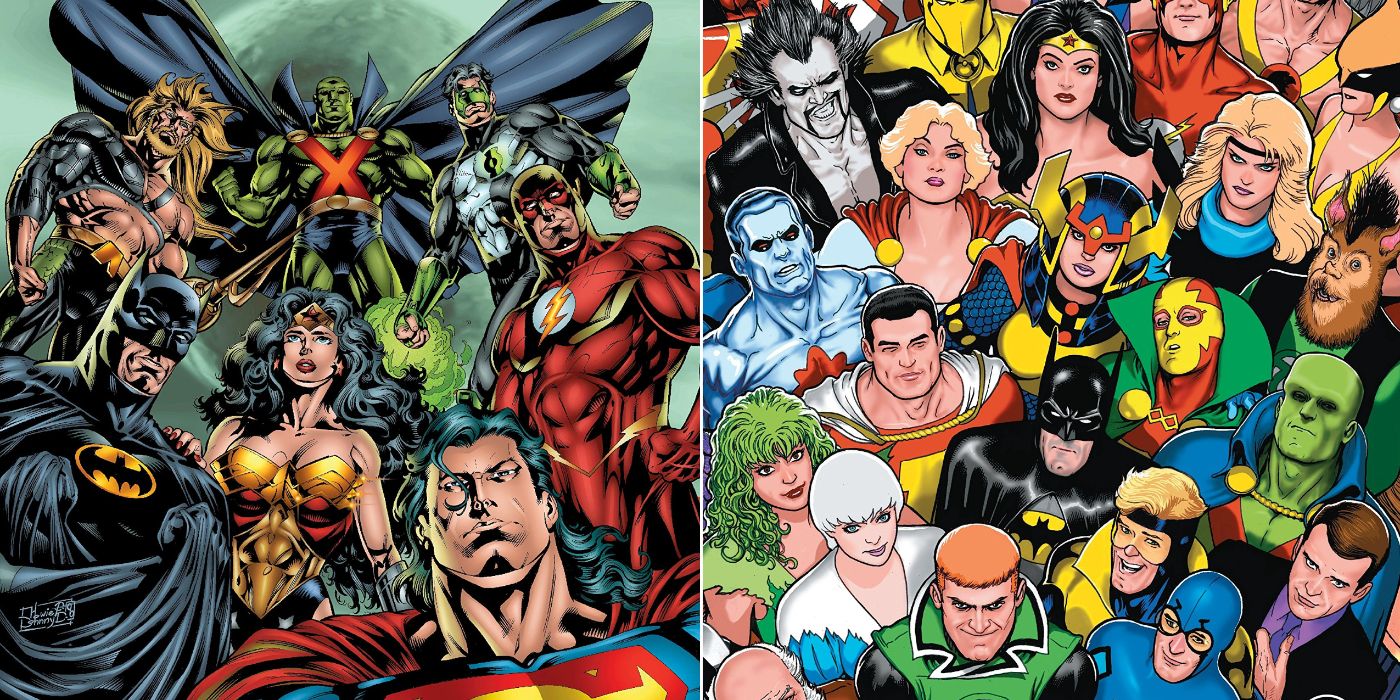 A split image of the Big Seven Justice League and the Justice League International