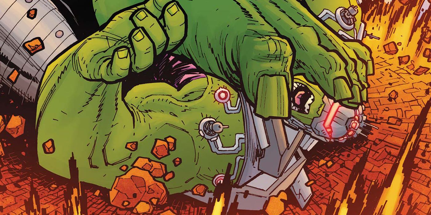 Hulk being crushed by a giant green foot