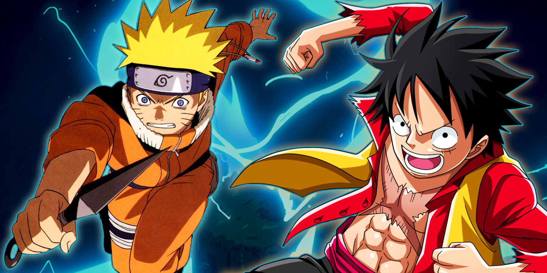 The split image of Naruto Uzumaki and Luffy D. Monkey shows both ready to fight.