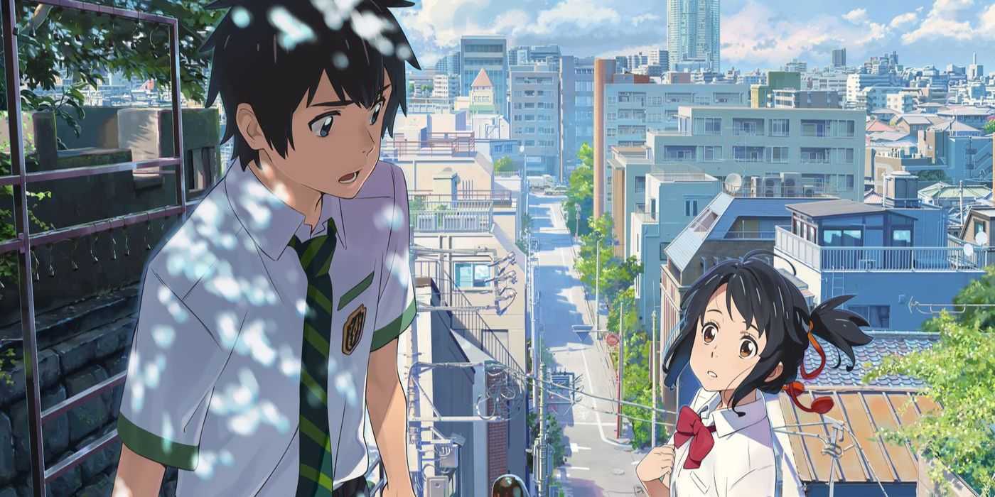 Mitsuha and Taki talking in the city in Makoto Shinkai's Your Name anime movie