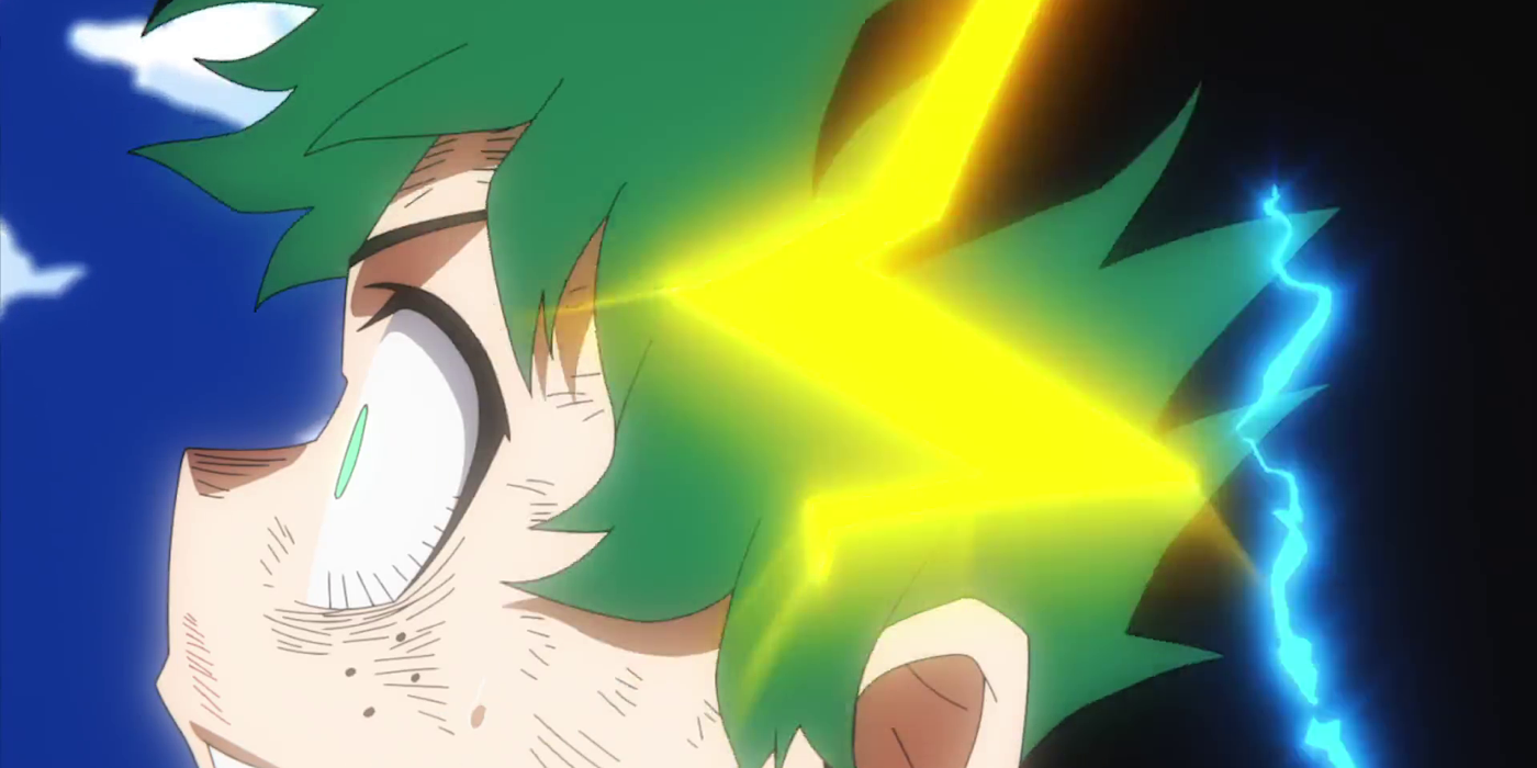 Deku’s surprised face looking to the left with a lightning bolt superimposed over his head