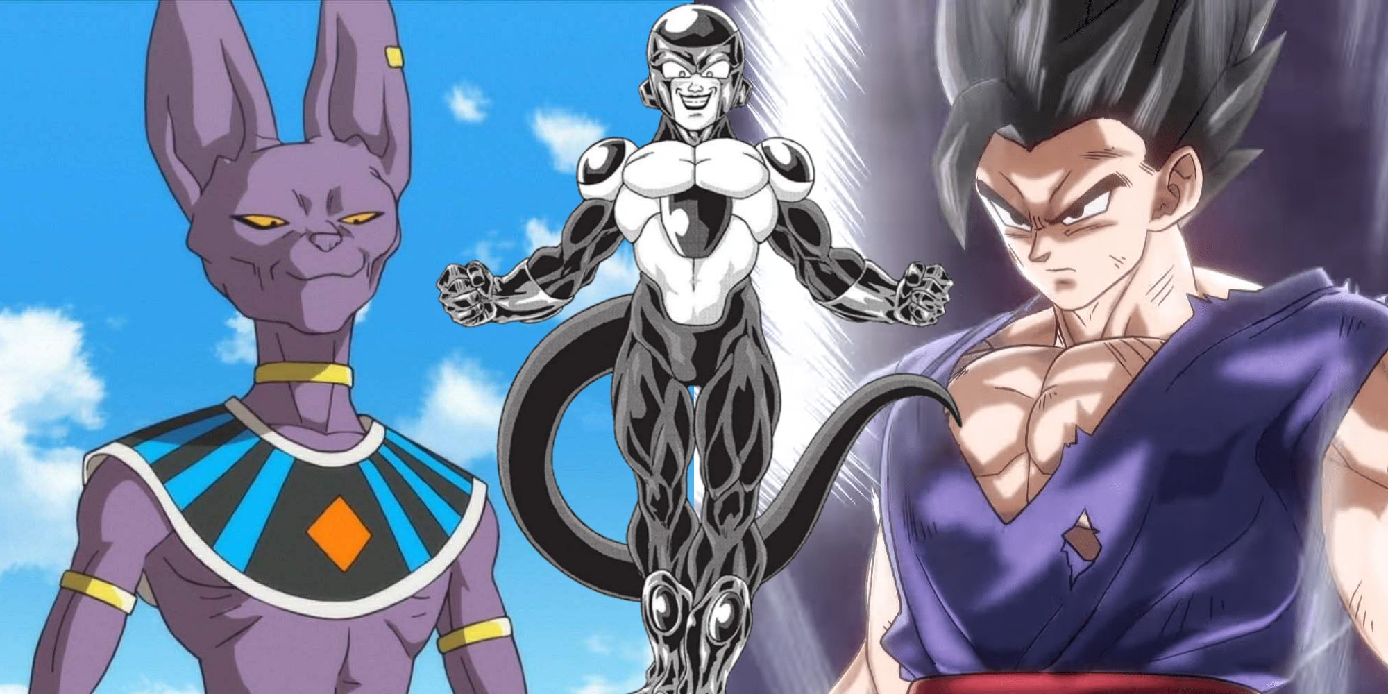 Beerus smiling (DBS), Ultimate Gohan powering up (DBS Super Hero), Black Frieza (DBS manga)