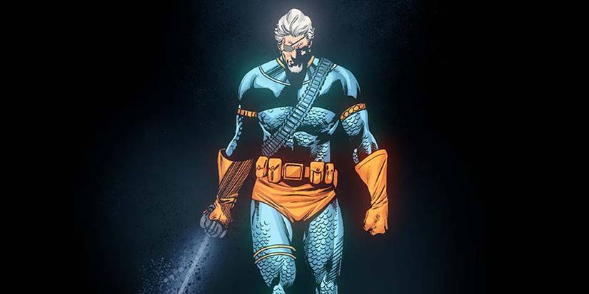 DC Comics' Deathstroke is surrounded by darkness while holding a sword emanating the Great Darkness' power.
