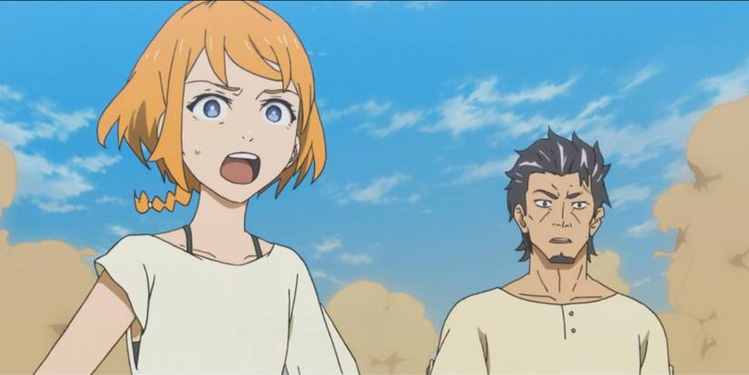 Natsume and Kaburagi are shocked by Gadoll in Deca-Dence.