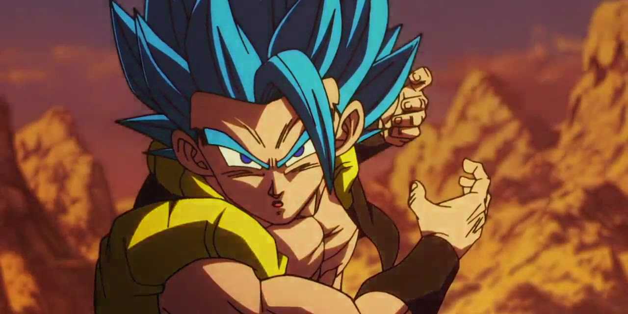 Gogeta studies the damage of his attack against Broly in Dragon Ball Super: Broly.