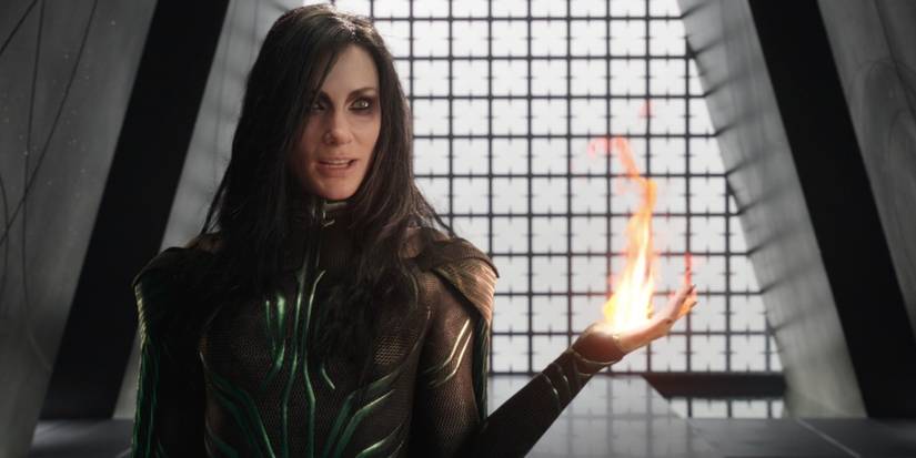 Hela holding fire in Thor: Ragnarok.