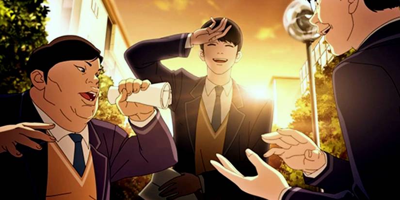 The main characters from Lookism against a sunset backdrop.
