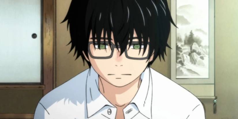 Rei from March Comes In Like A Lion looks down with a serious expression.