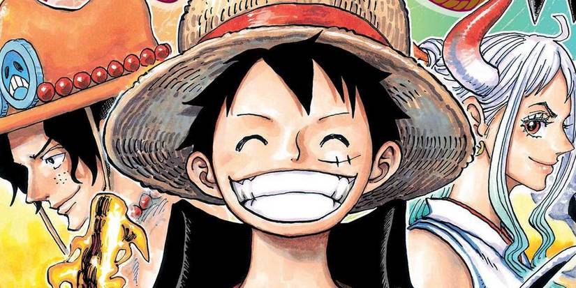 The official cover of a One Piece manga features Luffy grinning in the center