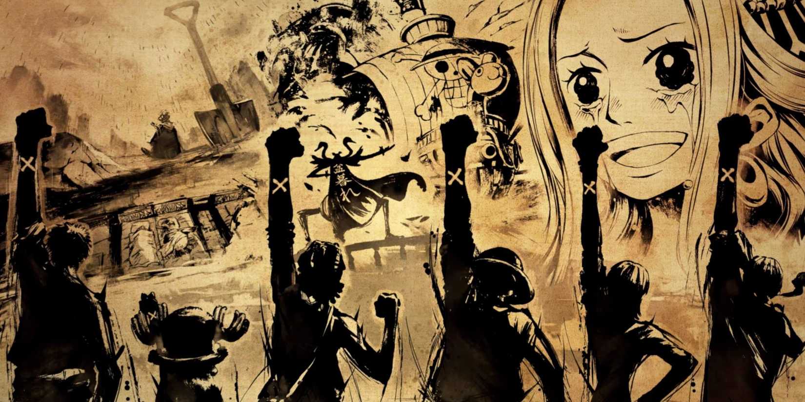 Image récapitulative de One Piece Odyssey montrant la fin de l'arc d'Alabasta