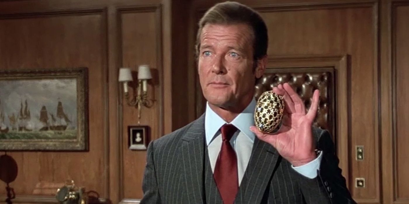 Roger Moore's James Bond holding a Faberge Egg in the 1983 film Octopussy.