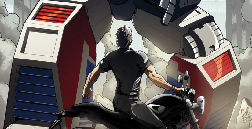 Commander Spike Witwicky evading Rumble in All Hail Megatron #9 Cover A.