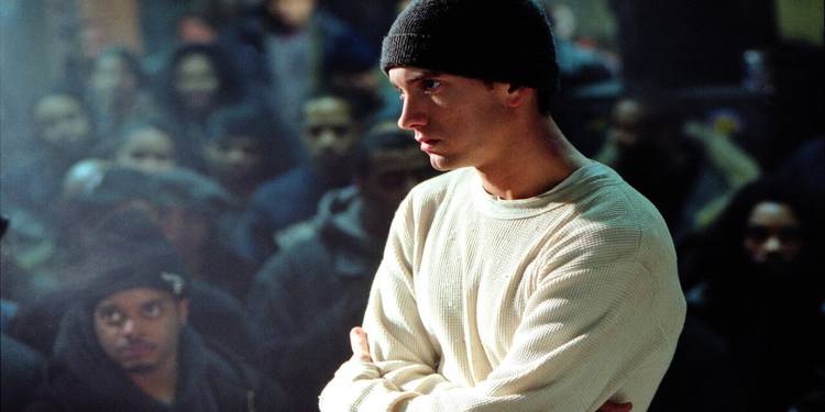 Eminem stares down his opponent during a rap battle in 8 Mile