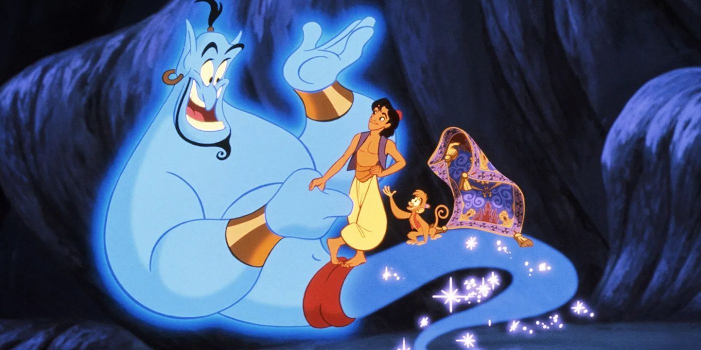 Aladdin, Tapete Mágico, e Abu em cima de Gênio