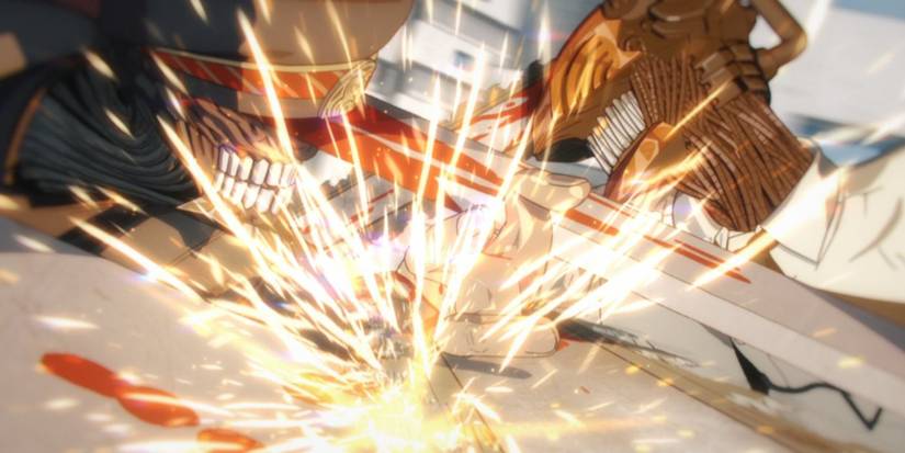 Denji combat Katana Man dans le métro dans Chainsaw Man.