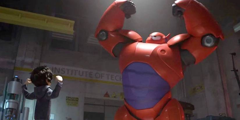 Hiro and an armored Baymax are flexing in Big Hero 6.
