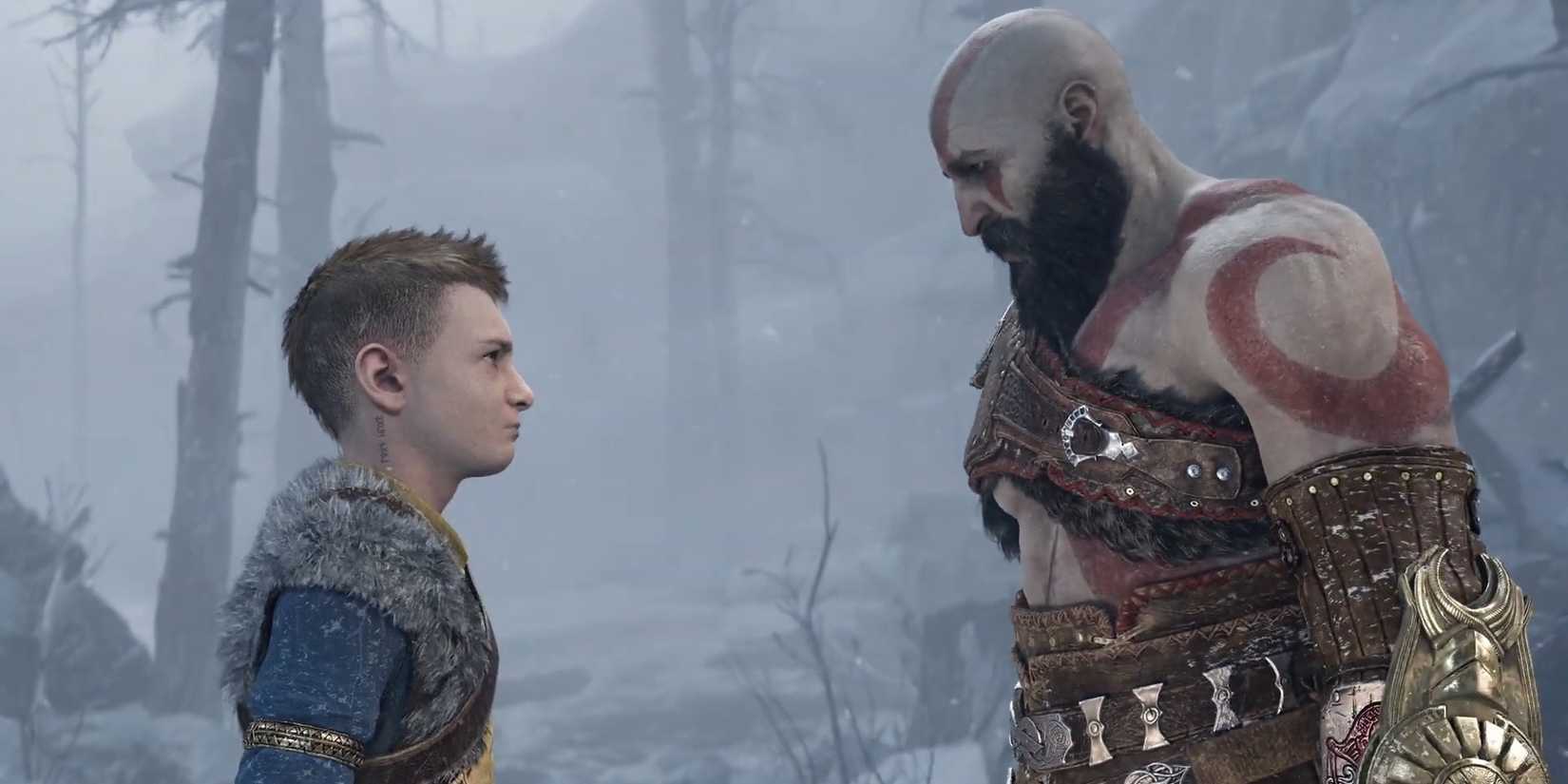 Kratos looks at his son, Atreus, in God Of War Ragnarök