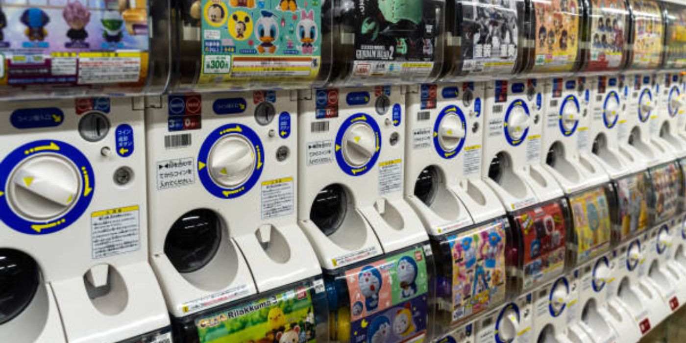 Gashapon machines from Japan lined up together