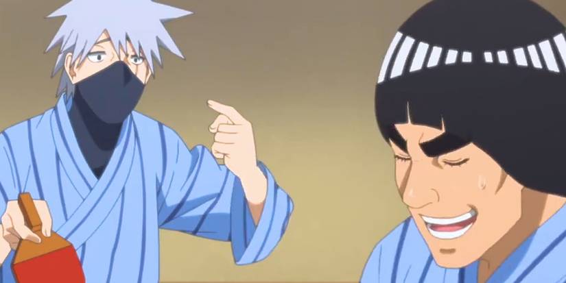 Might Guy and Kakashi Hatake are playing ping pong in robes at the haunted resort in Steam Ninja Scrolls during Boruto: Naruto Next Generations.