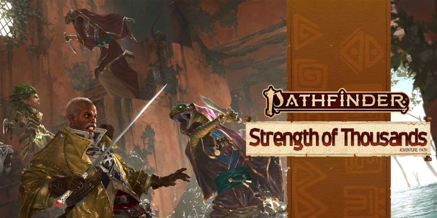 Aventureiros estão lutando contra um par de homens-cobra na capa do Pathfinder 2e's Strength of Thousands Adventure Path.