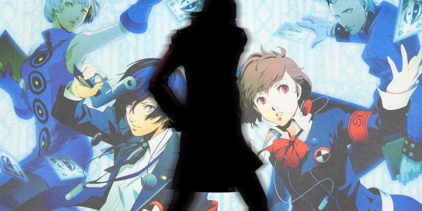 A silhouette of a Persona 3 Portable party member imposed over key art of the main cast.
