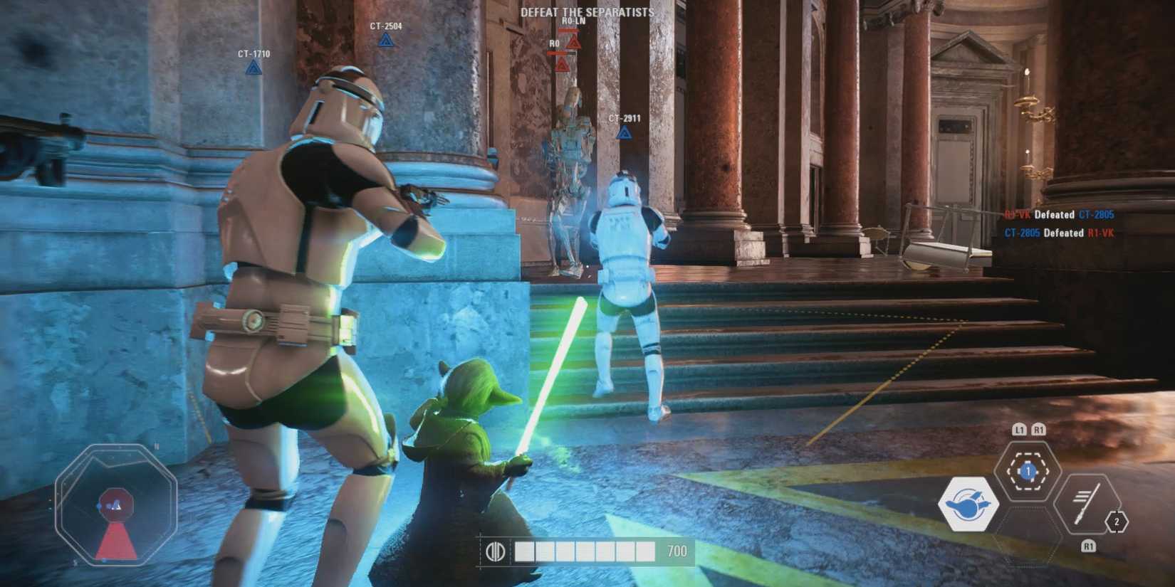 Yoda holding his lightsaber marches along side Clone Troopers in Star Wars Battlefront II.
