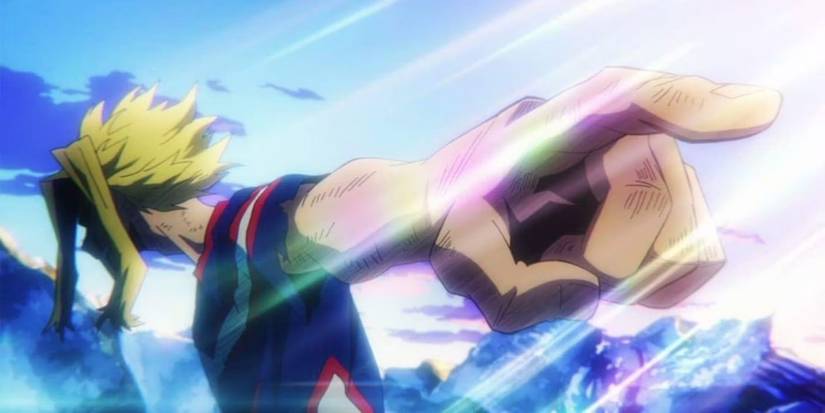 All Might pointing to Deku while looking away in My Hero Academia Season 3