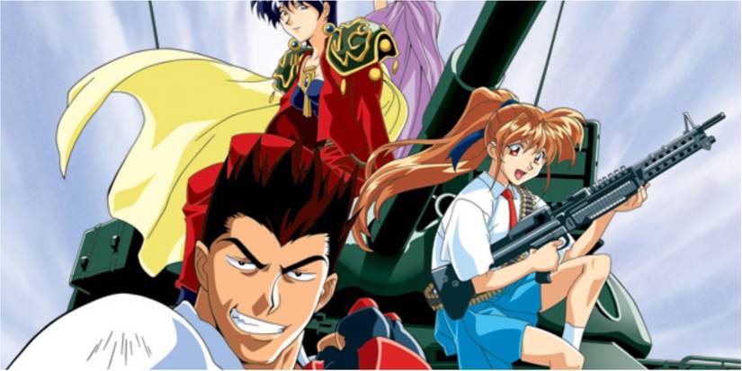 O trio principal faz uma pose no anime isekai dos anos 90, Aqueles que Caçam Elfos.