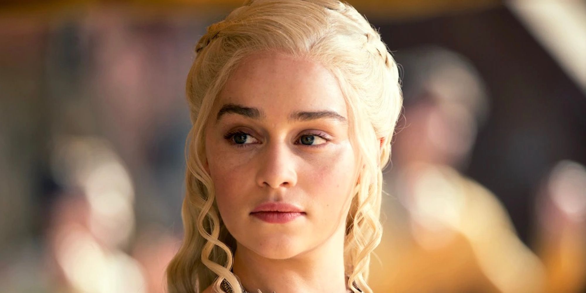 Daenerys Targaryen, played by Emilia Clarke, looks to the left in Game of Thrones.