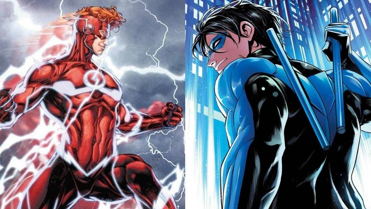 A split image of Wally West as The Flash and of Nightwing, who's reaching for an e...