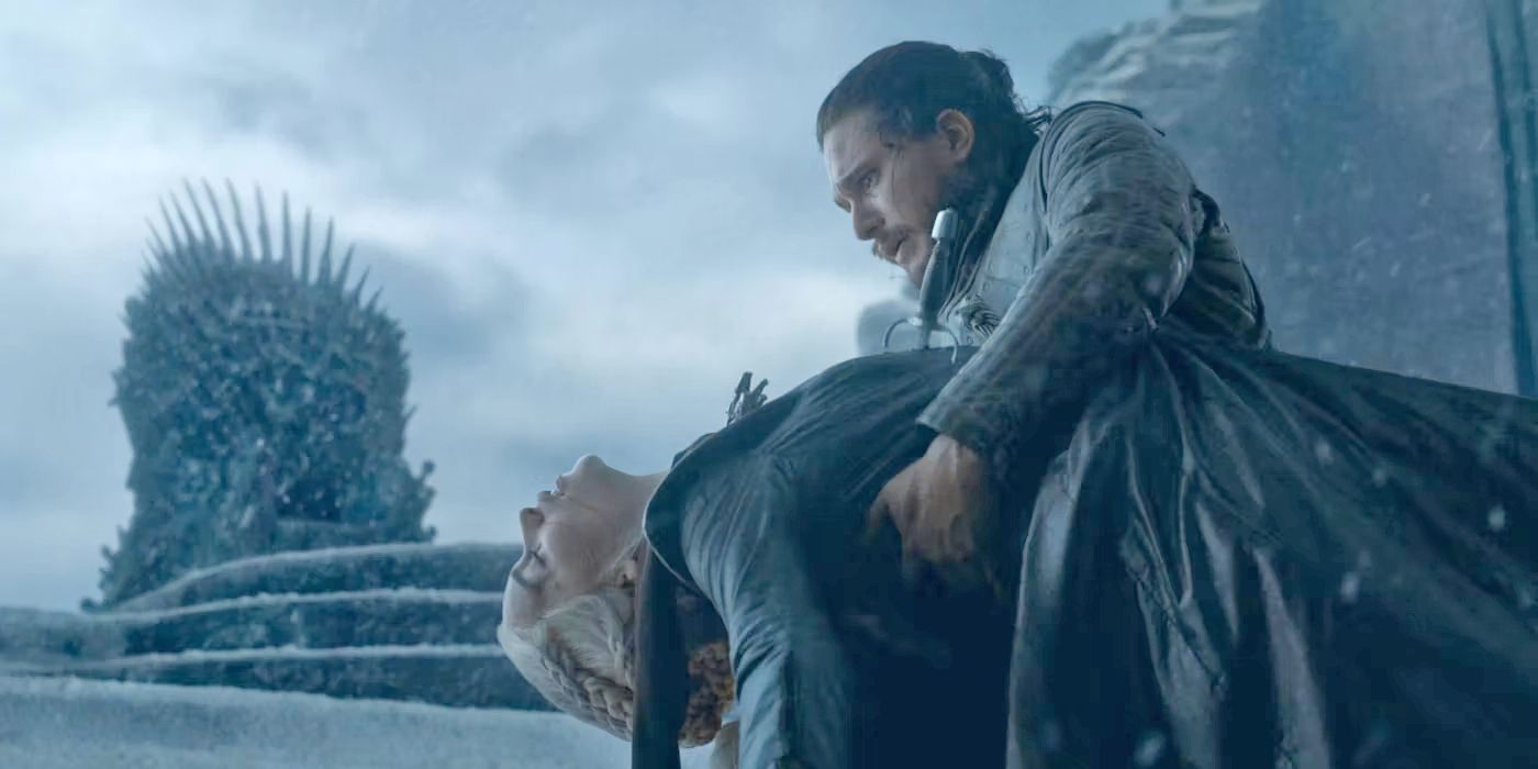 Jon Snow (Kit Harington) cradles a dead Daenerys Targaryen (Emilia Clark) in Game of Thrones.
