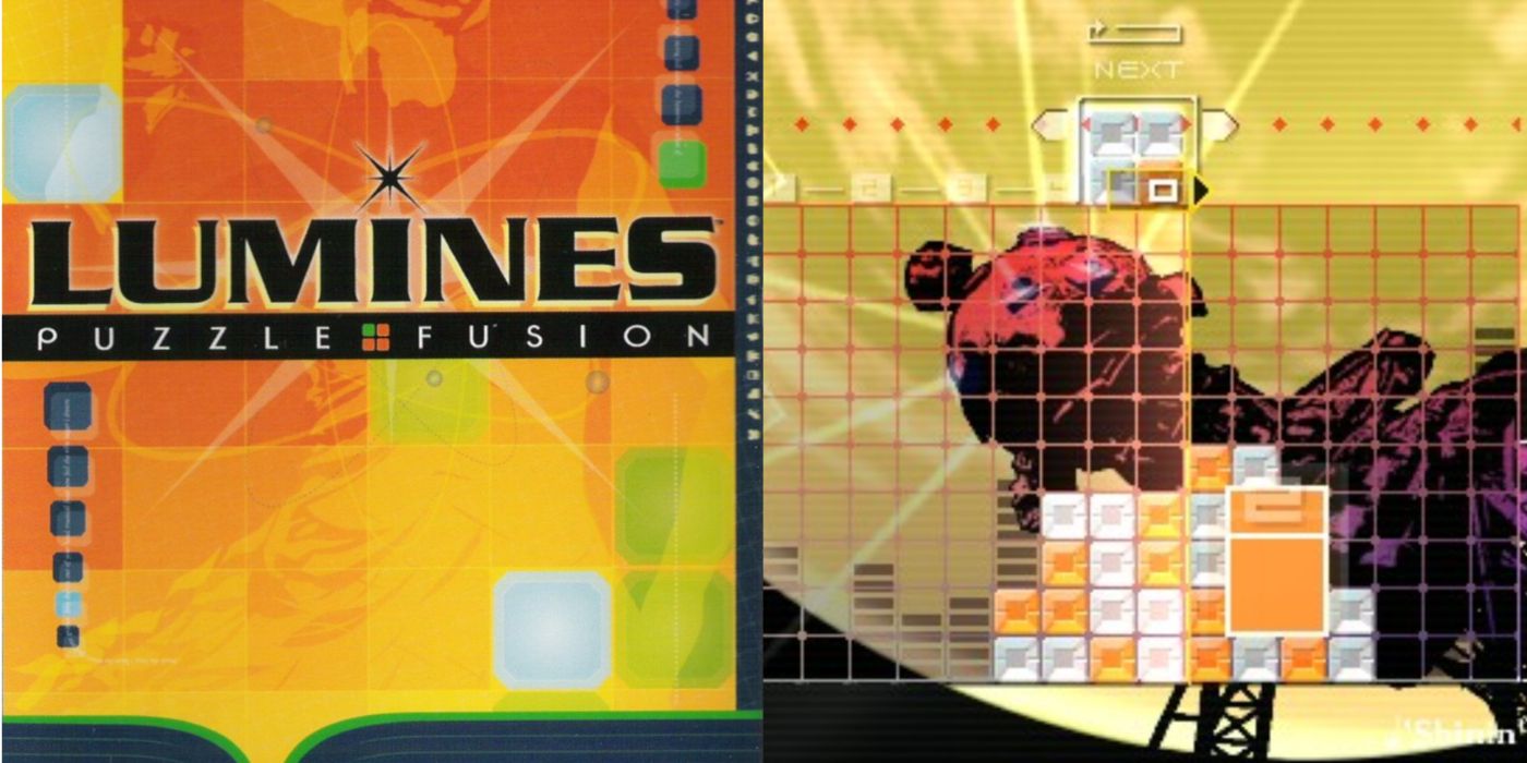 Split image of Lumines: Puzzle Fusion cover art and gameplay.