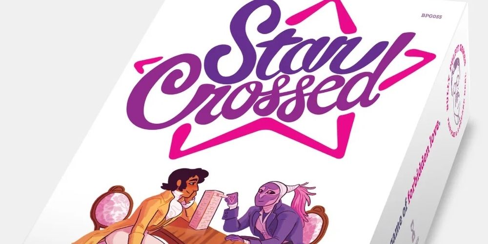 Na caixa física do jogo Star Crossed RPG, dois personagens sentam-se à mesa, jogando um jogo de torre de blocos.