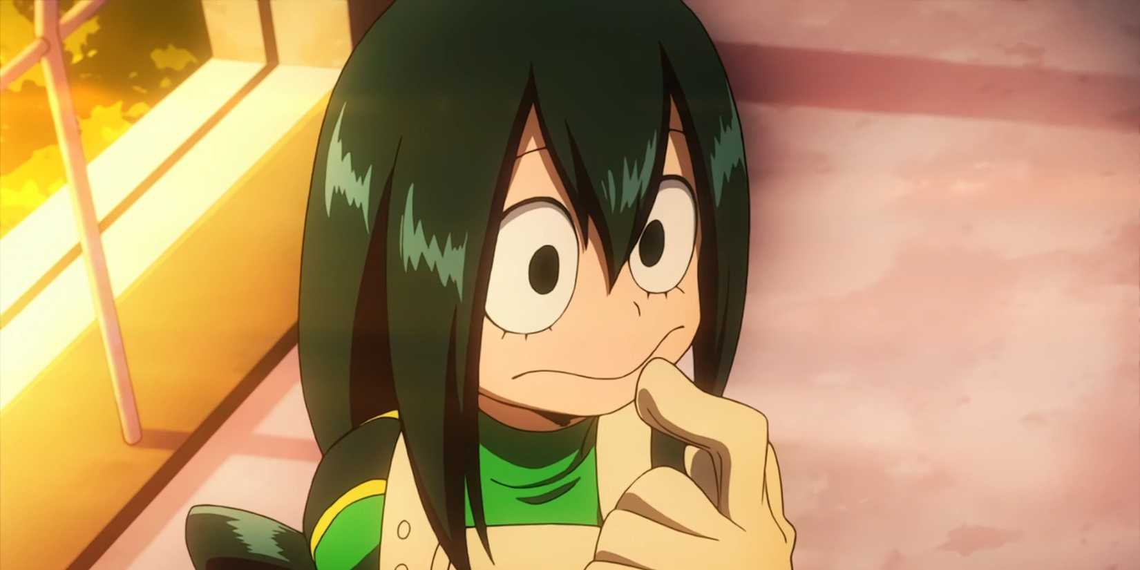 Tsuyu Asui has a finger to her mouth.