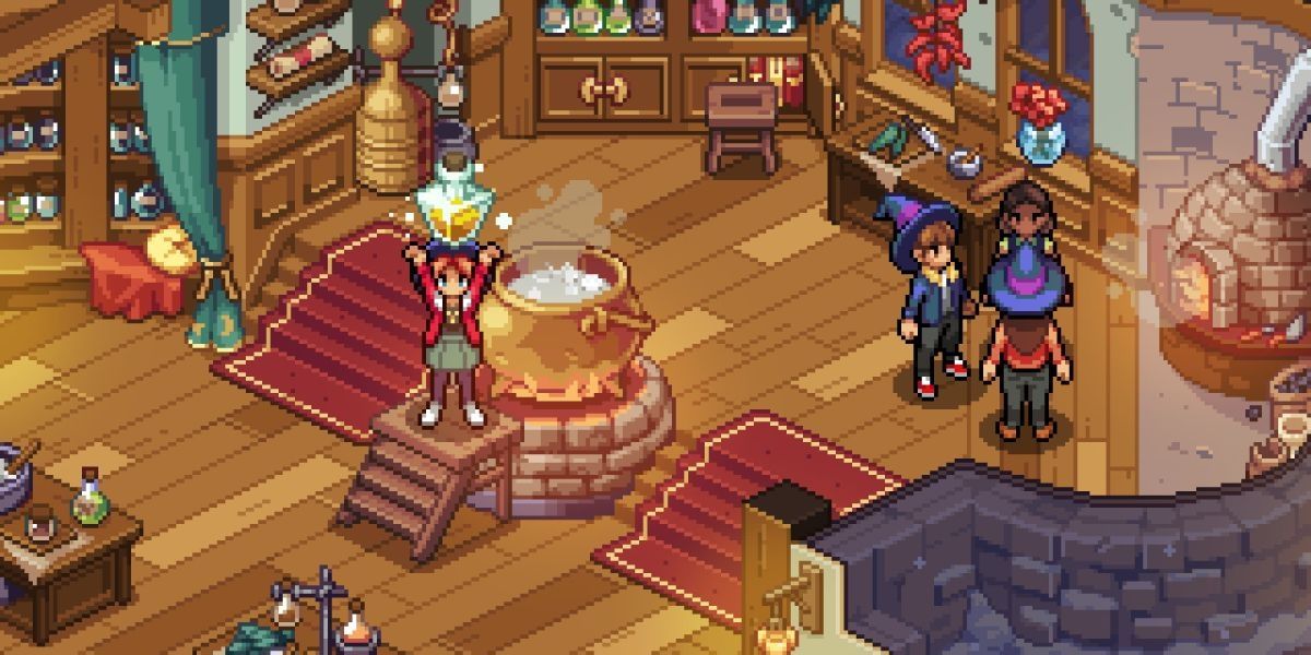 A classroom in Witchbrook with a student holding a potion
