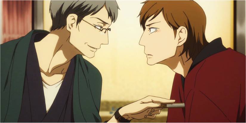 Kikuhiko and Yotaro from Showa Genroku Rakugo Shinjuu staring at each other.