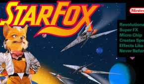 Key art for the classic Star Fox game show Fox McCloud standing in space while surrounded by ships.