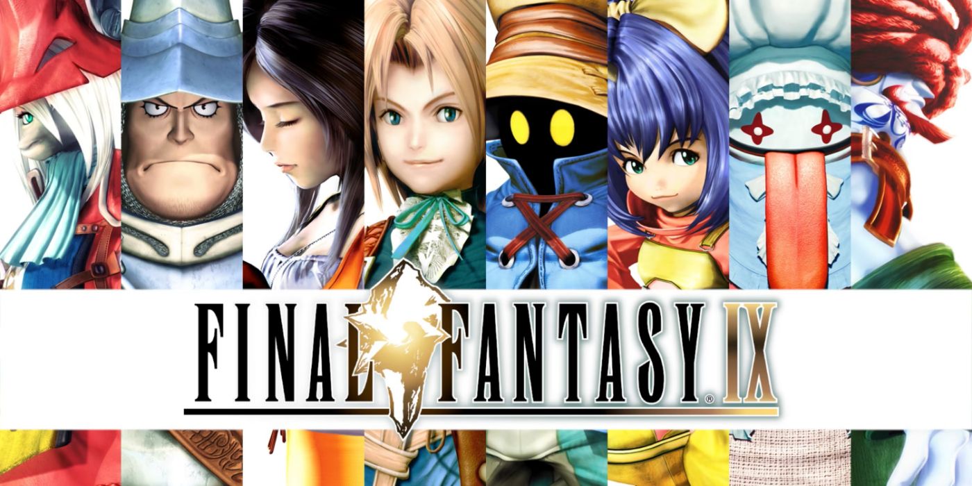 Arte chave do Final Fantasy IX apresentando o elenco principal de personagens.