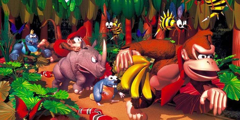 SNES Donkey Kong Country key art featuring its various characters in the jungle.
