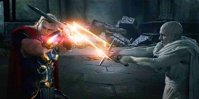 Thor uses his lightning bolts against Gorr's Necrosword in Thor: Love and Thunder