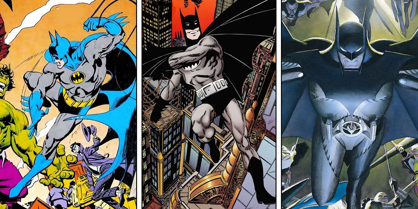 split image of Bronze Age blue cape Batman, Generations Batman, and Kingdom Come Batman armor are great costumes