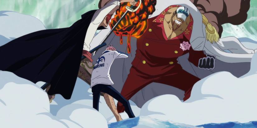 L'amiral Akainu attaque Koby avec le fruit du diable Mag-Mag pendant l'arc Marineford de One Piece.