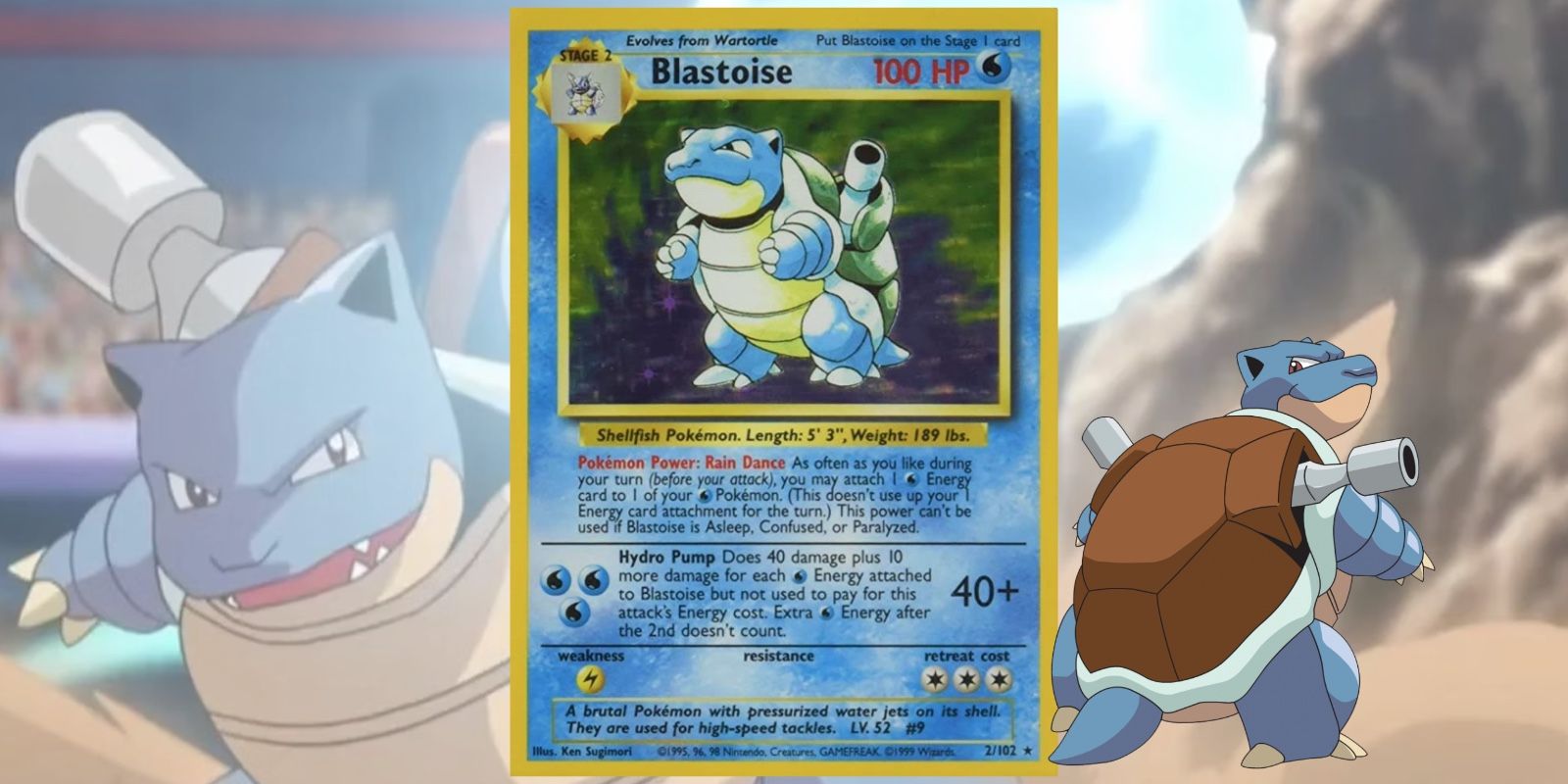 Blastoise Base Set Pokemon TCG Card na imagem de fundo de Blastoise da série original de Pokémon de 1997.