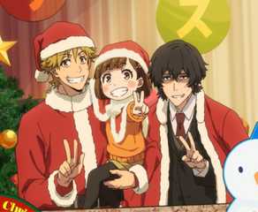 Foto Natal terakhir Buddy Daddies bersama Rei, Kazuki, dan Miri.