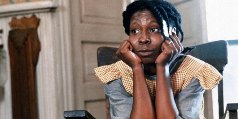 Celie leaning on her hands in The Color Purple